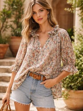 MELLODAY X Anthropologie Floral Ruffle V-Neck & Tie Puff Short Sleeve Blouse
